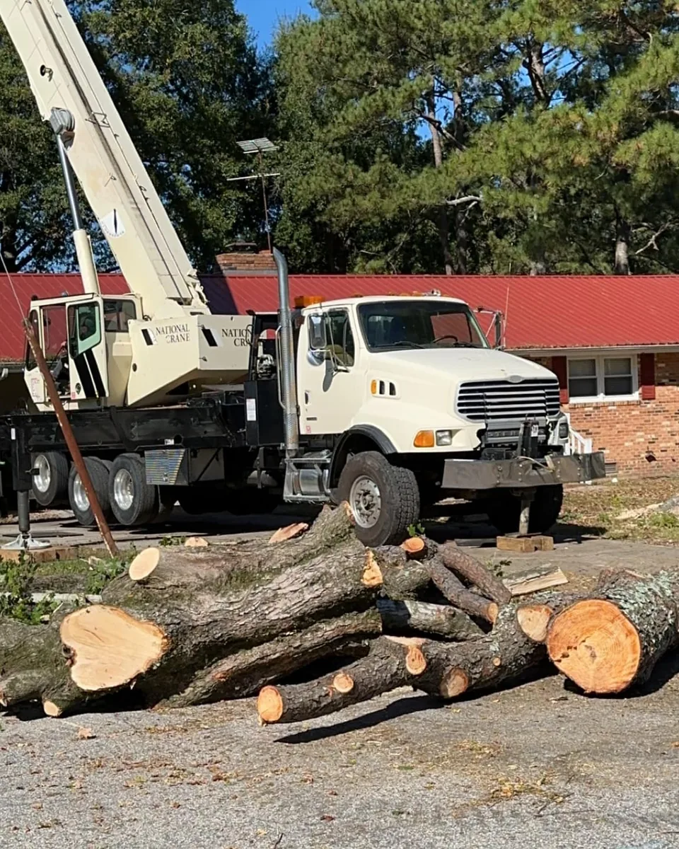Guzman Brothers crane truck and staged large timber